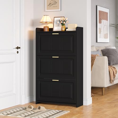 Merax Schuhschrank Schmal mit 3 Klappen Schuhkipper Schuhregal Schuhaufbewahrung Offenes oberes Regal für 12-18 Paar Schuhe Anti-Kipp-Vorrichtung für Flur Eingangsbereich 70x24x120cm Schwarz