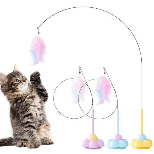 UNOSEKS Katzenangel Stabil 3 Stück Vogelspielzeug für Katzen Interaktives Spielzeug Selbstbeschäftigung Angel mit Federn Saugnapf katzenspielzeug Cat Toys