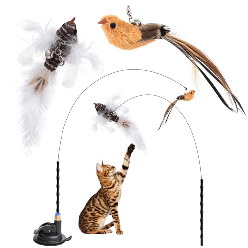 2 Set Katzenspielzeug Selbstbeschäftigung Interaktives Katzenspielzeug Intelligenz Katzen Spielzeug mit Vogel Federn Katzenspielzeug Angel Katzenangel Stabil mit Saugnapf Cat Toys Federspielzeug