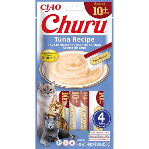 INABA Churu Senior Katzenleckerlis mit 30% Thunfisch Omega 3 Fettsäuren aus Lachsöl Taurin Nur 7 kcal pro Tube Gesunde Katzen Leckerlies Senior Katzenfutter 56 g 1er Pack