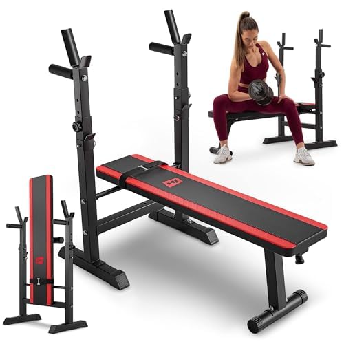 Hop-Sport Hantelbank Klappbar Multifunktional Trainingsbank mit Langhantel-Ablage und Dip Station Ideal für Bauchtrainer Krafttraining Fitness Zuhause - Max. Belastbarkeit 250 kg