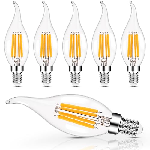 Hcnew E14 Kerze LED Lampe für Kronleuchter 6W Max.6.5W 806 Lumen ersetzt 60 Watt 2700K Warmweiß Vintage LED Filament Glühlampen klares Glas 6 Stück