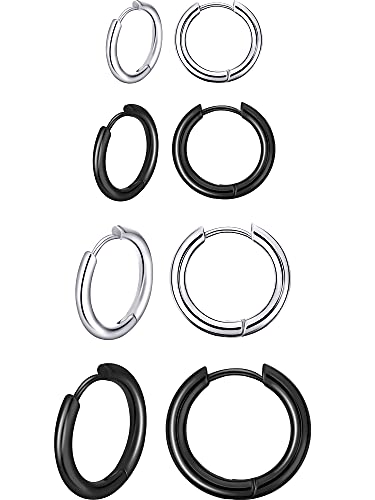 4 Paare Edelstahl Kleine Knorpel Hoop Nase Lippen Ringe für Männer und 12 mm 14 mm 16 mm 18 mm Stahlfarbe Schwarz