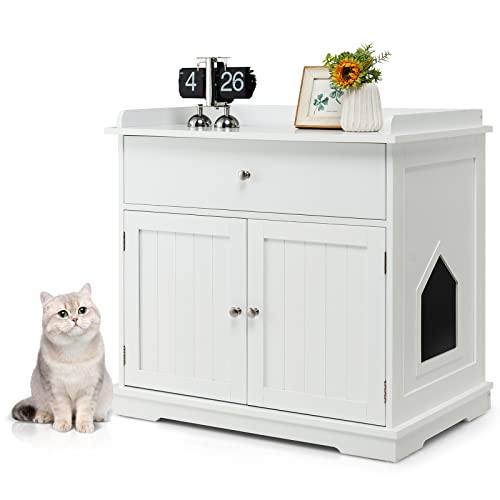 GYMAX Katzenklo Schrank Katzenschrank für Katzentoilette Katzenhaus versteckt mit Seiteneingang Schublade 2 magnetischen Türen Katzenmöbel XL für große Katzen 76 x 53 x 74 cm Weiß