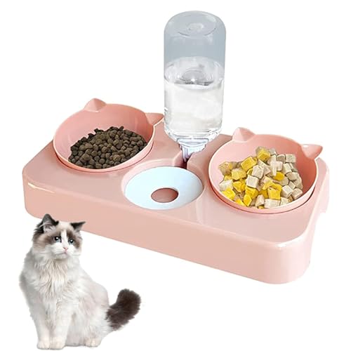 Doppelnapf für Katzen Futternapf 3 in 1 Automatisierte Futternapf und Wasserspender für Katze Hund 8 Doppelnapf Reduzieren Sie Nackenschmerzen für Katzen und Hunde Abnehmbar Rosa
