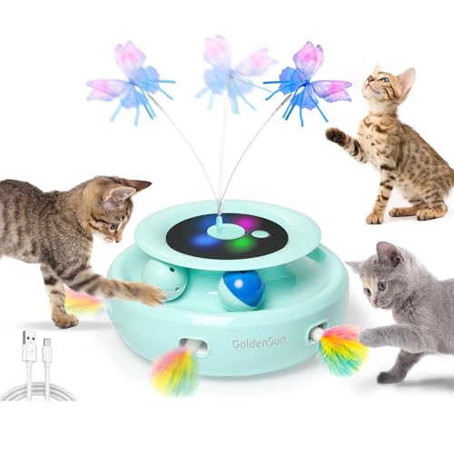 GoldenSun 3 in 1 Katzenspielzeug Interaktives Elektrisch Automatischer für Whack A Mole Fluttering Butterfly inklusive Ball USB Wiederaufladbar Teaser 6 Aufsätzen