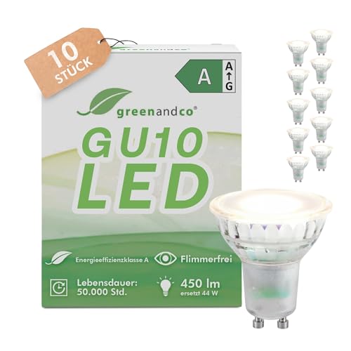greenandco 10x GU10 LED warmweiß 3000K ersetzt 44W 2.5W 450lm 100 flimmerfrei Energieeffizienzklasse A 230V LED Spot nicht dimmbar