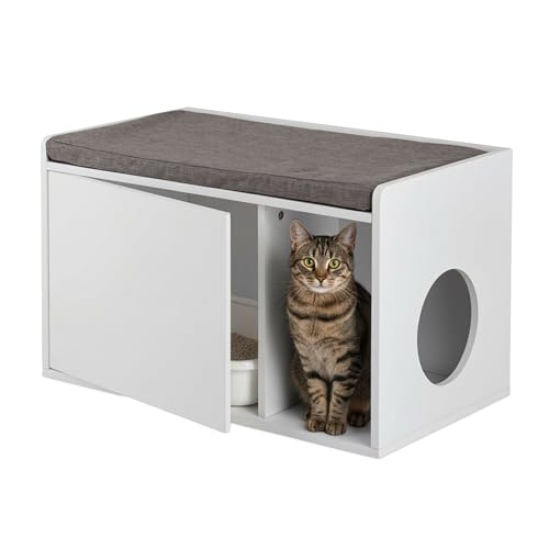 Relaxdays Katzenschrank mit Sitzauflage 2in1 Katzenkommode Sitzbank HBT 45 5 x 75 x 43 cm für Katzenklo weiß grau