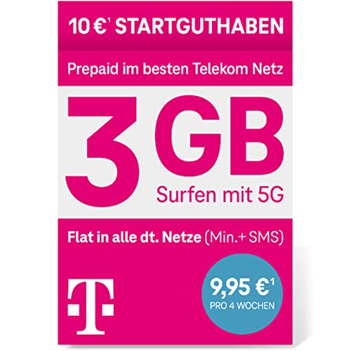 Telekom MagentaMobil Prepaid M SIM-Karte ohne Vertragsbindung 5G inklusive I 3 GB Allnet Flat Min SMS in alle dt. Netze EU-Roaming I 10EUR Startguthaben