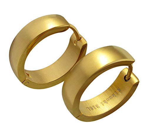 Kikuchi Damen Herren Ohrringe mit Titan Stäbchen Gold Matt Klassische Edelstahl Klapp Creolen Bogen 18mm ERTS017