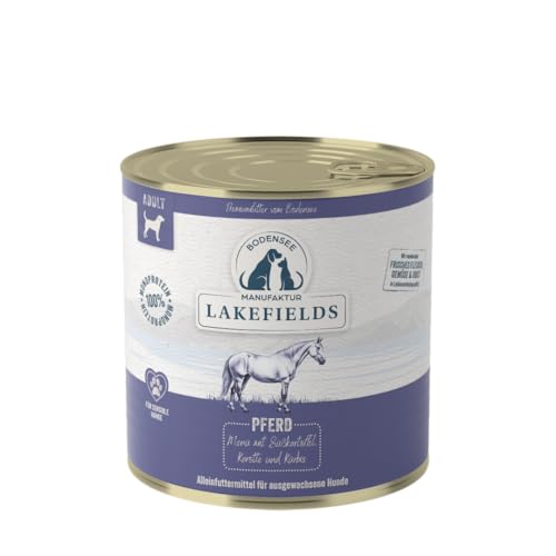 Lakefields Premium Hundefutter Nass Pferd 60% 6x800g Getreidefreies Nassfutter für Hunde Natürliche Zutaten in Lebensmittelqualität Süßkartoffeln Karotte und Kürbis Schonend gegart