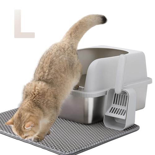 Edelstahl Katzenklo Hochwandig Katzenklo Edelstahl mit Deckel Ohne Geruch Katzenklo Groß mit Katzen Schaufel und Katzenklo Matte Große Katzentoilette aus Metall Für Katzen Kaninchen