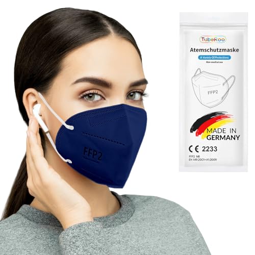 TubeRoo FFP2 Maske blau duneklblau marine 10 Stück Masken aus Deutschland Made in Germany weiche runde Ohrschlaufen Bänder Atemschutzmaske Mundschutz