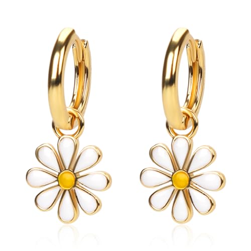 Gänseblümchen-Ohrringe für Damen Kleine Blumen-Creolen 18K Vergoldet Hübscher Flora-Ohrring mit Kurzem Ohrhänger Niedlicher Leichter Knorpel-Ohrring Schmuckgeschenk für Mädchen Weiß