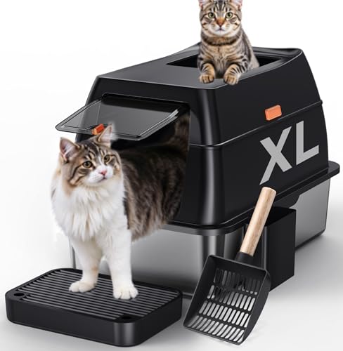 Gimars 3 in 1 Hochseitige Anti-Auslauf Edelstahl Katzentoilette mit Deckel Extra Große Geschlossene Katzenkiste mit Schaufel Front- Oberer Eingang für Mehrere Katzen