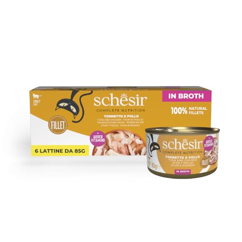 Schesir Thunfisch mit Rindfleisch in Brühe komplettes Nassfutter für Katzen in Dose mit zusätzlichen Vitaminen 100% natürlich 6 x 85 g