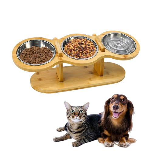 Katzennapf Erhöht Futterstation Katzen mit 3 Edelstahl Schüsseln 15 Gekippte Höhenverstellbar Ergonomischer Futterstation Fressnapf Futterbar mit Ständer Edelstahl Näpfe für Wasser Futter