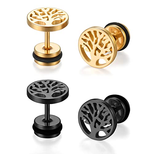 Cupimatch Damen Herren Ohrringe Edelstahl Holz Lebensbaum Creolen Ohrstecker Set für Frauen Männer Schwarz Gold