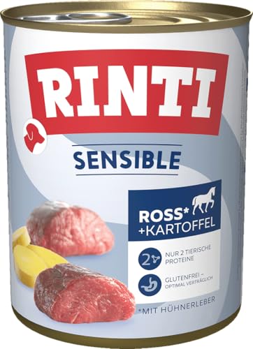RINTI - Sensible Nassfutter für Sensible ausgewachsene Hunde mit natürlichen Fleischstücken. Getreidefreies Alleinfutter in der Dose ohne Zusatzstoffe 6x800g Ross Hühnerleber Kartoffel