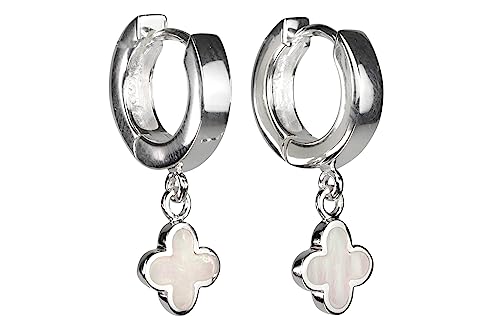 SILBERMOOS Damen Creolen Klappcreolen Kleeblatt mit Perlmutt Blüte Rosette 925 Sterling Silber Ohrringe