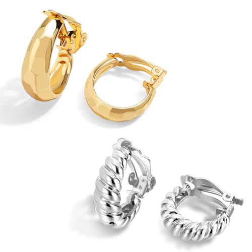 LILIE WHITE Damen Clip Ohrringe Set Zwei Paar Creolen Gold und Silber Hypoallergen Farbbeständig Eleganter Ohrschmuck für Frauen Geschenkidee für Geburtstag Jahrestag oder Valentinstag
