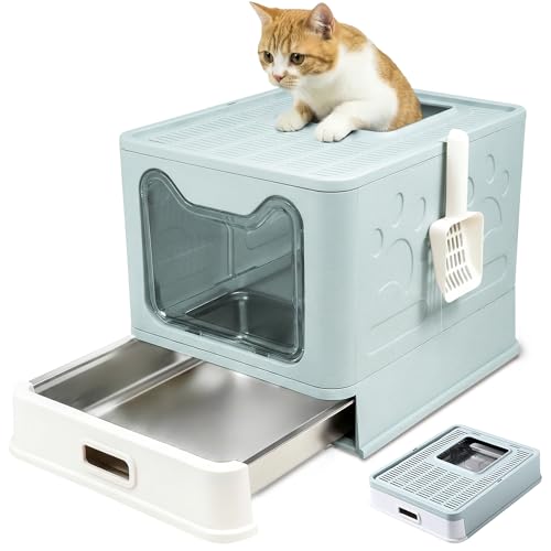 Katzenklo Edelstahl mit Deckel Faltbare Geschlossene Katzentoilette mit Schublade Geruchsfrei Auslaufsicher Leicht zu Reinigen Doppelter EIN- Ausgang Mit Schaufel 38 3 51 41 cm Blau