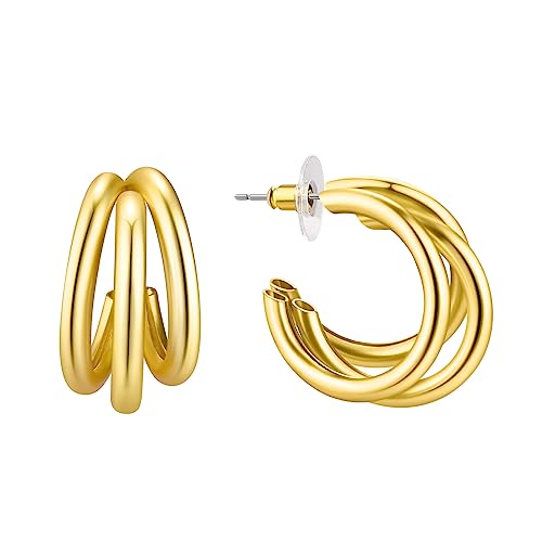 Klobige Gold-Dreifach-Creolen-Ohrringe für damen dick 14K Gold offene Creolen leichte hohle Ohrringe Goldschmuck