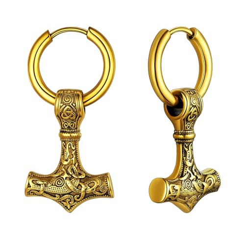 OIDEA Herren Wikinger Ohrringe Hammer Gold Nordischer Thors Hammer Ohrhänger Creolen Ohrschmuck aus Edelstahl für Männer Damen als Geschenk in Weihnachten