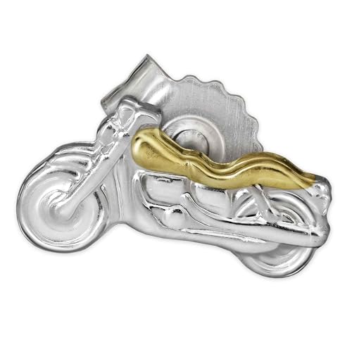 CLEVER SCHMUCK Silberner einzelner sehr kleiner Single Ohrstecker Mini Motorrad 8 x 4 mm teilvergoldet glänzend bicolor STERLING SILBER 925 1 Stück im Schmucketui