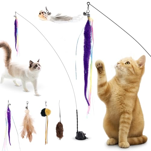 TiooDre Interaktives Katzenspielzeug Federstab Katze Spielzeug mit 5 Katzenköder Katzenangel mit 1 Saugnäpfen Lang Katzen Angel Spielzeug für Kleine Große Katzen