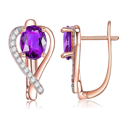 KnBoB Ohrringe Schmuck Damen 14K Rotgold 585 Herz Lila Rund Amethyst mit Moissanit Echtgold Creolen Edelstein