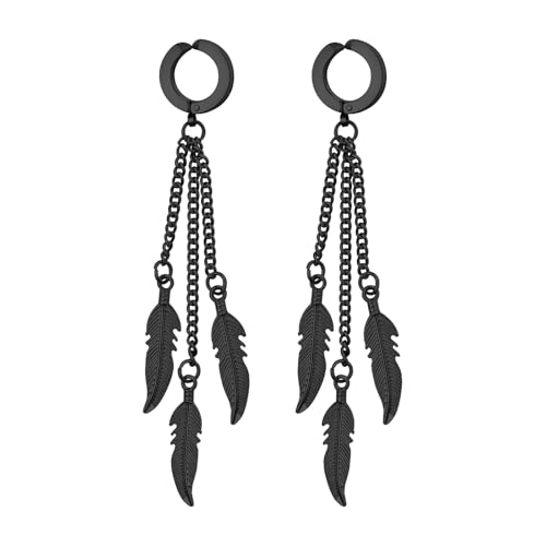 Flongo Feder Anhänger Unisex Schwarz fake plug Ohne Ohrlöcher Ohrklemme Huggie 3 Fersen Feder Anhänger Viking Punk Biker Ohranhänger