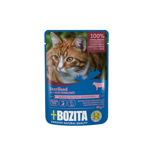 Bozita Sterilised Nassfutter Häppchen in Gelee mit Rind - 12x85g Portionsbeutel getreidefreies weizenfreies Futter für Katzen - Katzen Nassfutter mit 8 5% Protein 3 5% Fettgehalt