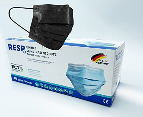 RESP Medizinische OP Maske - MADE IN GERMANY Typ IIR CE Zertifiziert 40 Stück Mundschutz Masken medizinisch für Erwachsene Einwegmaske Chirurgische Mund - Nasen Schutzmaske Einwegmasken 40 Schwarz
