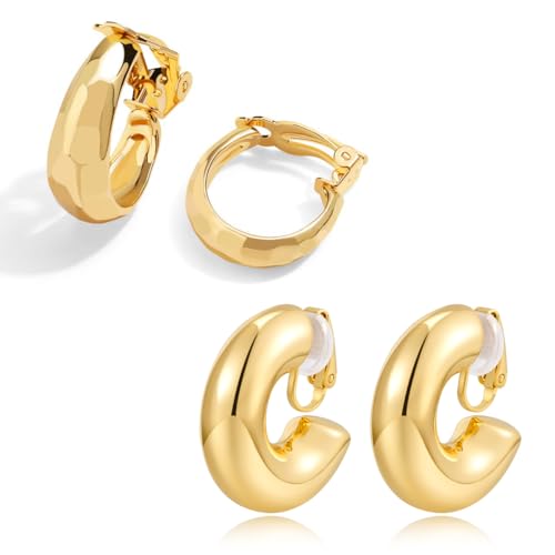 LILIE WHITE Damen Clip Ohrringe Set Zwei Paar Goldene Creolen Elegantes Design Hypoallergen Farbbeständig Ohrschmuck für Frauen Geschenkidee für Geburtstag Jahrestag oder Muttertag
