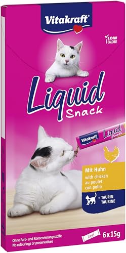 Vitakraft Liquid Snack Leckerli Katzensnack cremig Huhn und Taurin in einzelnen Sachets unterstützt die Augen und das Herz 1 Paket 6x 15g