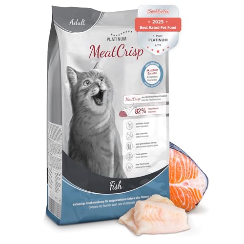 PLATINUM - Katzenfutter MeatCrisp Adult Fish aus dem Frischfleischtrockner - 1 5kg Katzenfutter trocken mit 82% Frischfleisch - Trockenfutter für Katzen - Crispy Biss und leicht verdaulich
