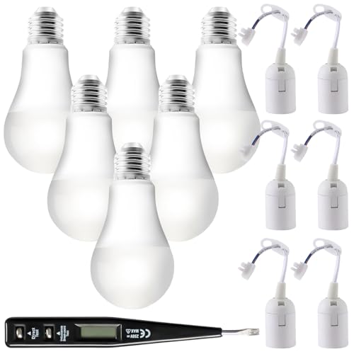 GBKDQQ 6 x 3000K E27 LED Leuchtmittel mit 6 x Baufassung Lampenfassung VDE-Spannungsprüfer Ersatzfassung LED Birne 15W matt Baufassung mit Kabel Weißes Licht