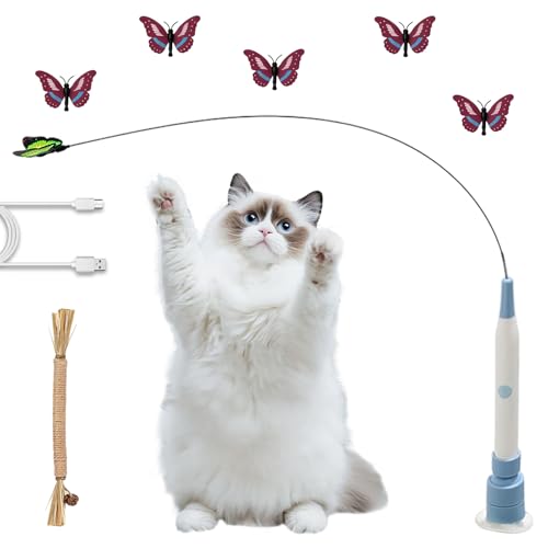 Flederi Electric Butterfly Toy for Active Cats Cat Butterfly Toy with Butterflies and Suction Cup Active Play Happy Cat Intelligent Stimulation Indoor and Outdoor Blaue Ladeanzeige 5 Schmetterlinge