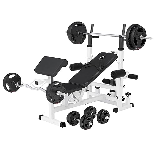 GORILLA SPORTS Multifunktion Hantelbank - mit Hantelset 100kg Hantelablage Latzug Dip-Station Butterfly Curlpult Beincurler Verstellbar Schwarz Weiß - Kraftstation Trainingsbank