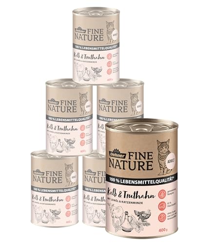 Dehner Fine Nature Katzenfutter Nassfutter getreidefrei für ausgewachsene Katzen Kalb Truthahn 6 x 400 g Dose 2.4 kg