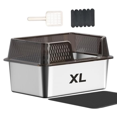 Suhaco Katzentoilette aus Edelstahl mit Deckel hohe Seiten Katzentoilette für mittelgroße Katzen Transparent Schwarz XL