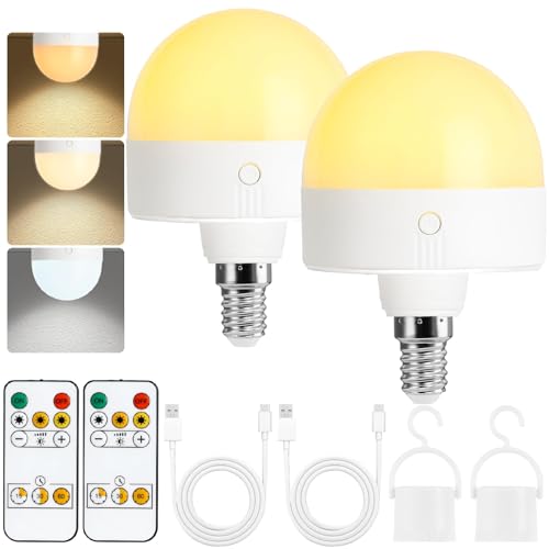 Fynokst USB-C Rechargeable Bulb with Remote Control 3 Colours Dimmable E14 LED Bulb with Battery 5W Touch Control Battery Bulb with Timing Function Emergency Light with Magnetic Pack of 2