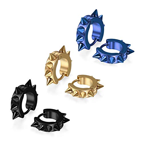 JewelryWe Schmuck 3 Paar Punk Creolen Ohrringe Edelstahl Spike Spitzen Nieten Hip-Hop Huggie Hoop Klappcreolen Plug Piercing Clip Ohrstecker Gothic Gold Schwarz Blau