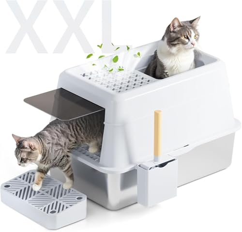 FRETONBA Katzenklo Edelstahl XXL Katzentoilette 26L Groß Kapazität Katzentoiletten Hochwandig Auslaufsicher und Leicht zu Reinigen Cat Litter Box mit Deckel Pedal Schaufel Weiß