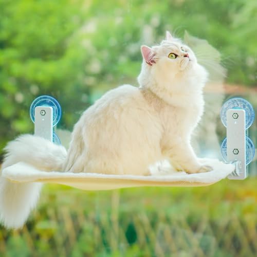 MEWOOFUN Hängematte Fensterplätze für 54x30cm Klappbar Katzenbett Fenster Stabil Saugnäpfe bis zu 18kg Weiß Groß