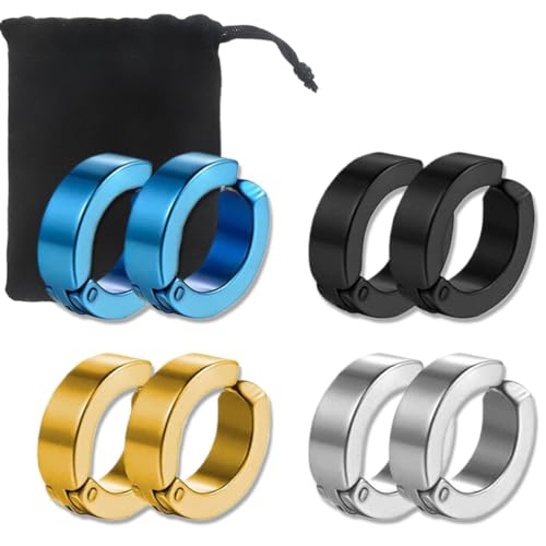 ZKGYUS 4 Paare Piercing Clip Ohrringe Edelstahl Non-Piercing Creolen Huggie Design Silber Schwarz Gold Blau