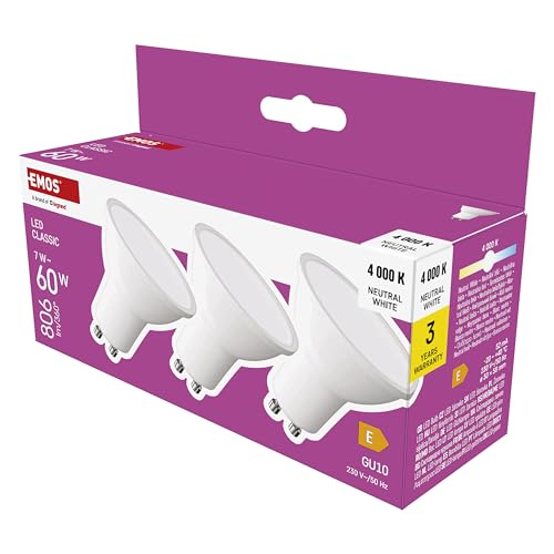 EMOS LED Lampe Spot 3er Pack MR16 mit GU10 Sockel 7W Ersatz für 60W Halogenlampe Helligkeit 806 lm Neutralweiß 4000 K 30000 h Lebensdauer CRI min. 80 100 Abstrahlwinkel weiße Farbe