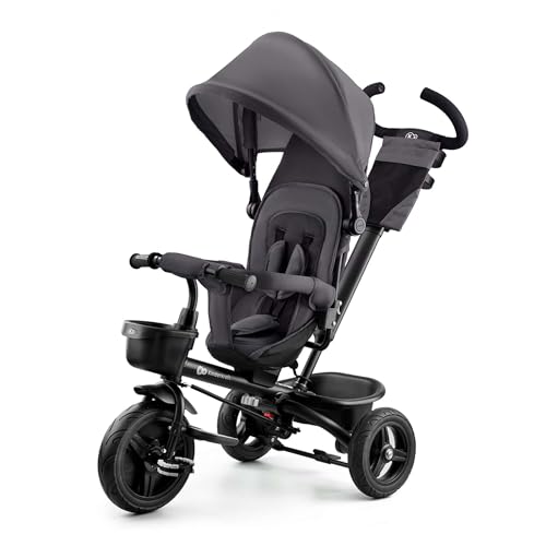 Kinderkraft Aveo ab 9 Monate bis 25kg Kinderdreirad mit schubstange Kompakte zusammenklappen drehbarer Sitz ausklappbarem Verdeck mit Sonnenschutz Getränkehalter Korb im Set Dunkelgrau