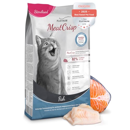 PLATINUM - Katzenfutter MeatCrisp Sterilised Fish aus dem Frischfleischtrockner - 1 5kg Katzenfutter mit 82% Frischfleisch - Trockenfutter für Katzen - Crispy Biss - reduzierter Kaloriengehalt